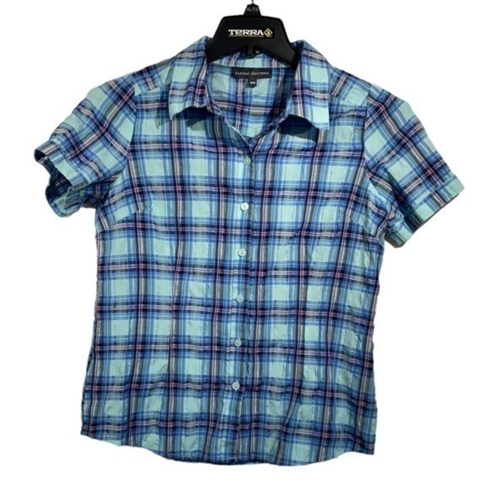 Classic Editions Womens Plaid Fitted Shirt Button Down Short Sleeve Size Medium